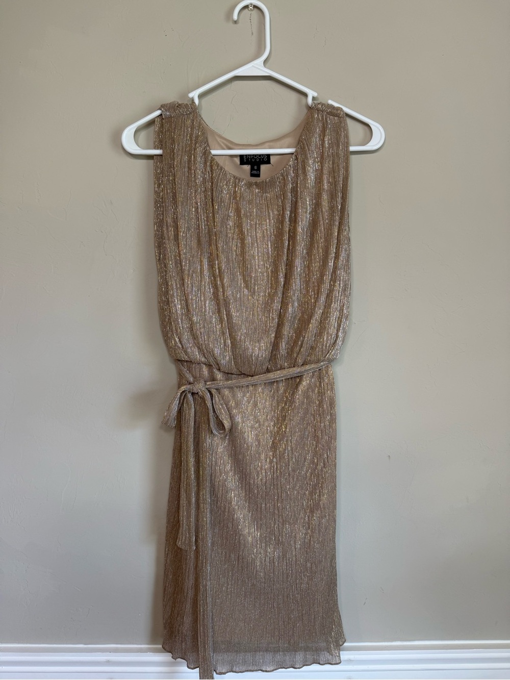Enfocus Studio Metallic Gold Pleated Midi Dress with Tie Belt